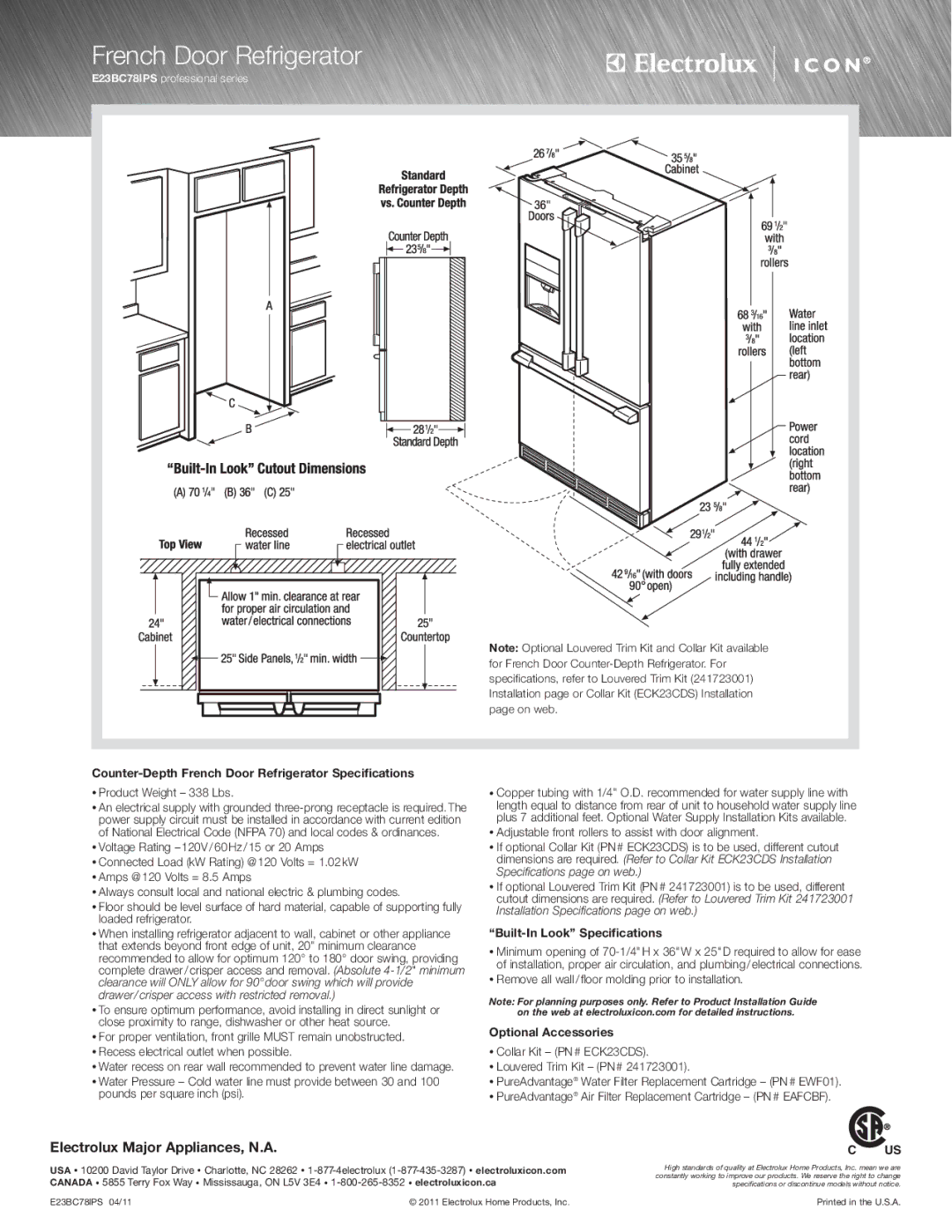 Electrolux E23BC78IPS specifications French Door Refrigerator 