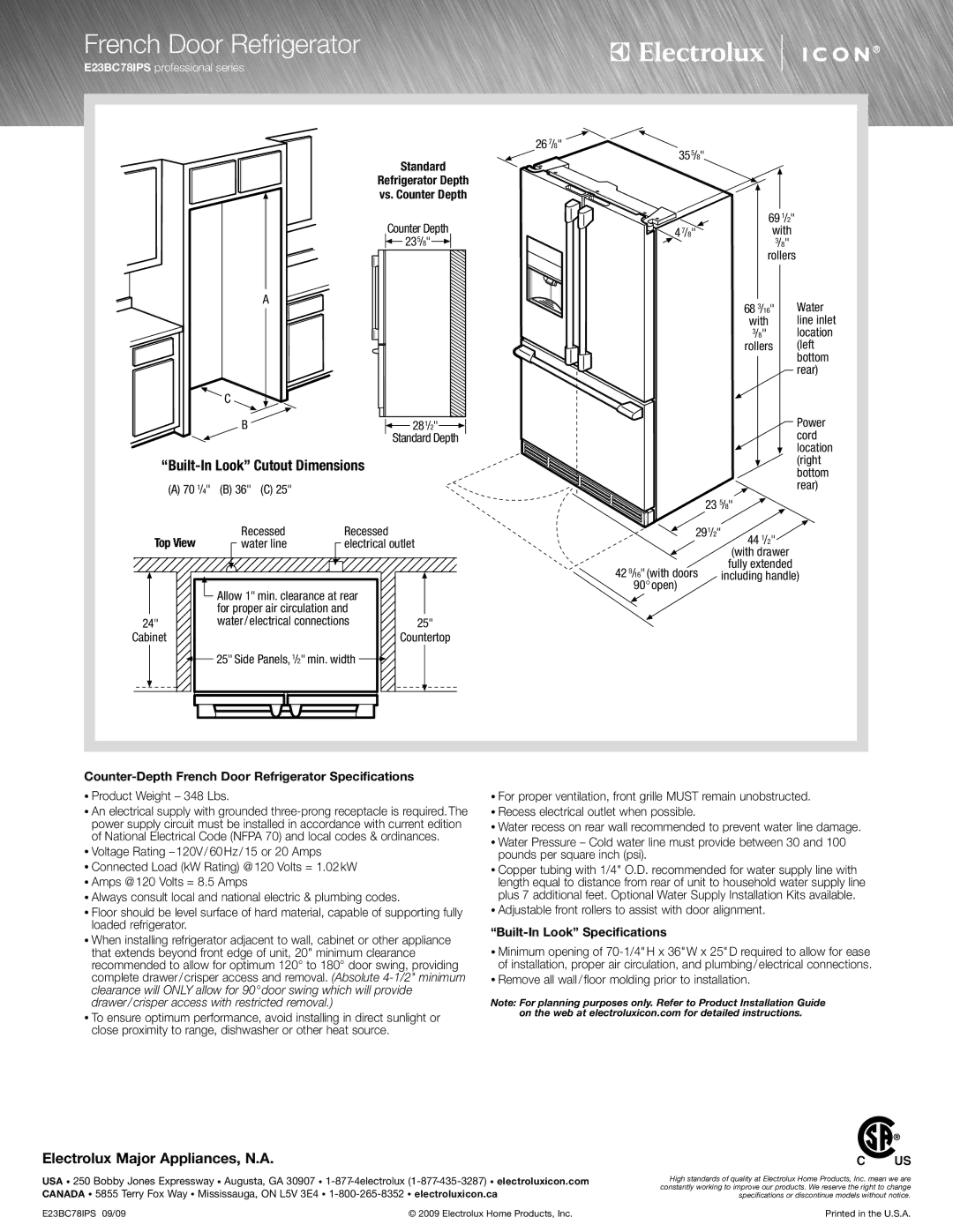 Electrolux E23BC78IPS specifications Standard Refrigerator Depth Vs. Counter Depth, Top View, Built-In Look Specifications 