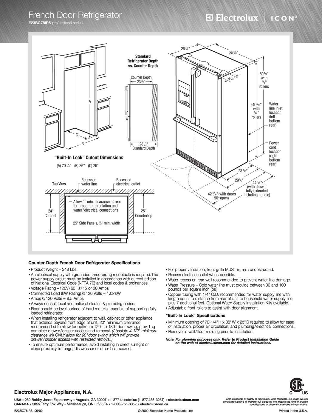 Electrolux E23BC78IPS Standard Refrigerator Depth vs. Counter Depth, Top View, “Built-In Look” Specifications 