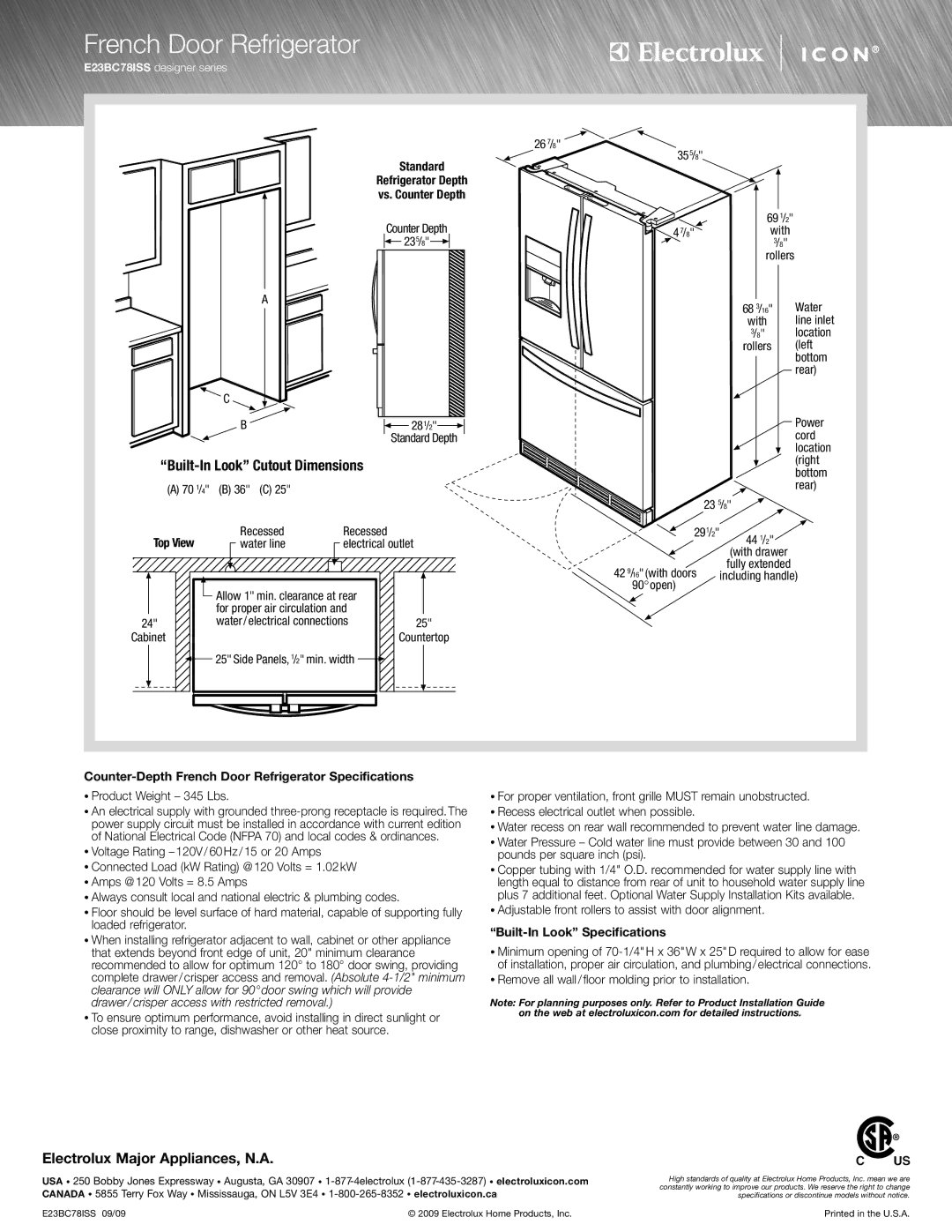 Electrolux E23BC78ISS specifications Standard Refrigerator Depth Vs. Counter Depth, Top View, Built-In Look Specifications 