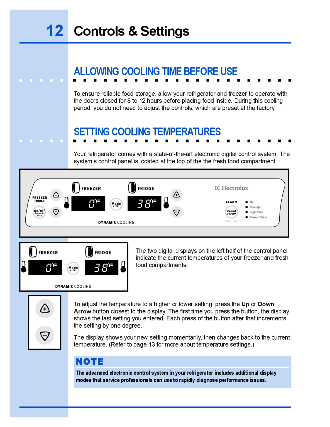 Electrolux E23CS78DSS manual Controls & Settings, Allowing Cooling Time Before USE, Setting Cooling Temperatures 