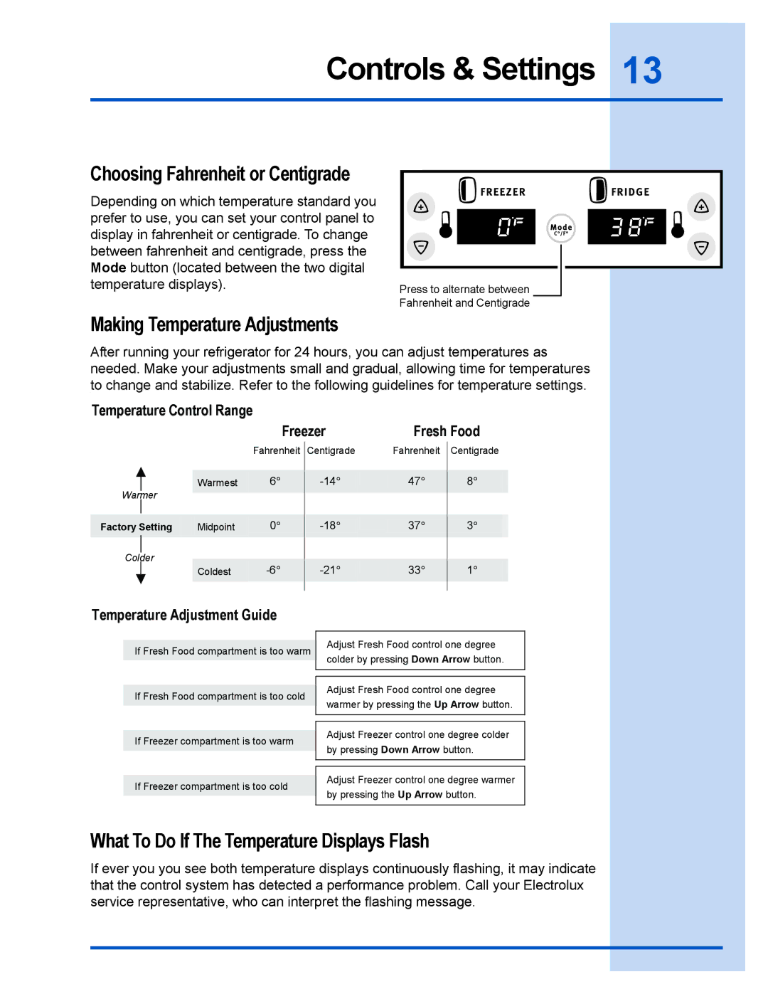 Electrolux E23CS78DSS manual Choosing Fahrenheit or Centigrade, Making Temperature Adjustments 