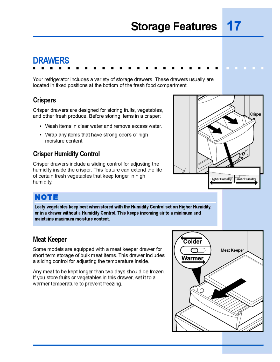 Electrolux E23CS78DSS manual Drawers, Crispers, Crisper Humidity Control, Meat Keeper 