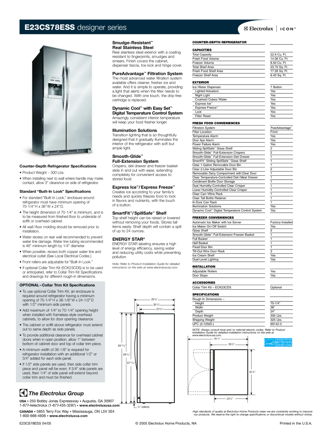 Electrolux E23CS78ESS manual Smudge-Resistant Real Stainless Steel, PureAdvantage Filtration System, Illumination Solutions 