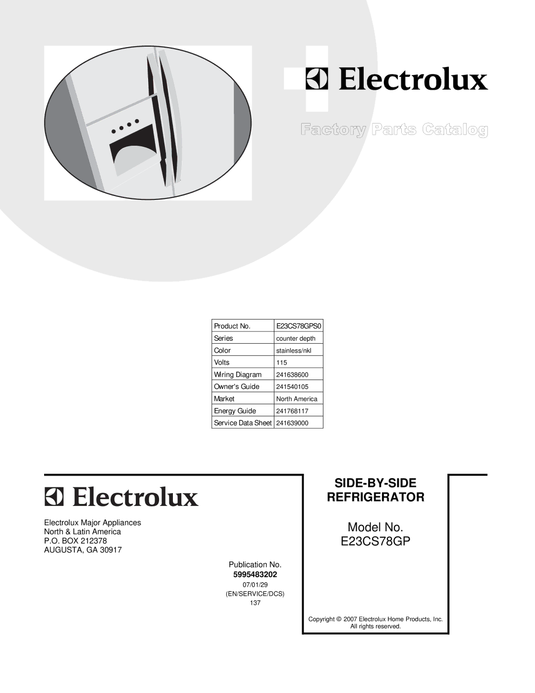 Electrolux E23CS78GP manual Side-By-Side 