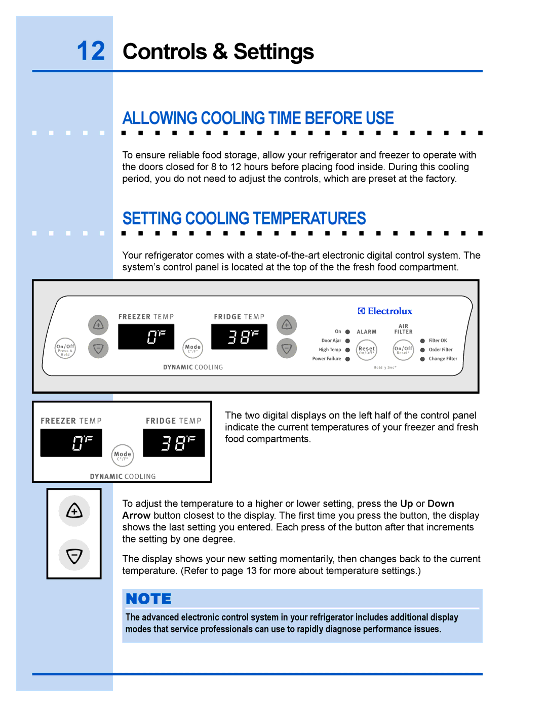 Electrolux E23CS78GPS manual Controls & Settings, Allowing Cooling Time Before USE, Setting Cooling Temperatures 