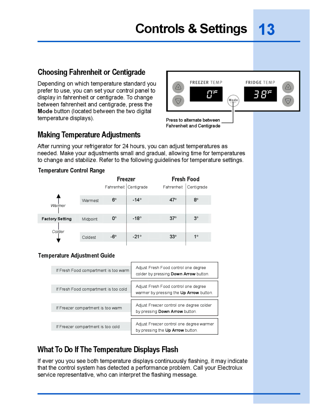 Electrolux E23CS78GPS manual Choosing Fahrenheit or Centigrade, Making Temperature Adjustments 