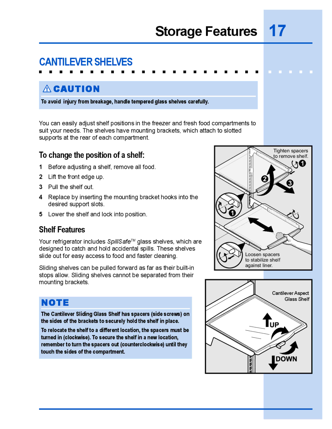 Electrolux E23CS78GPS manual Storage Features, Cantilever Shelves, To change the position of a shelf, Shelf Features 