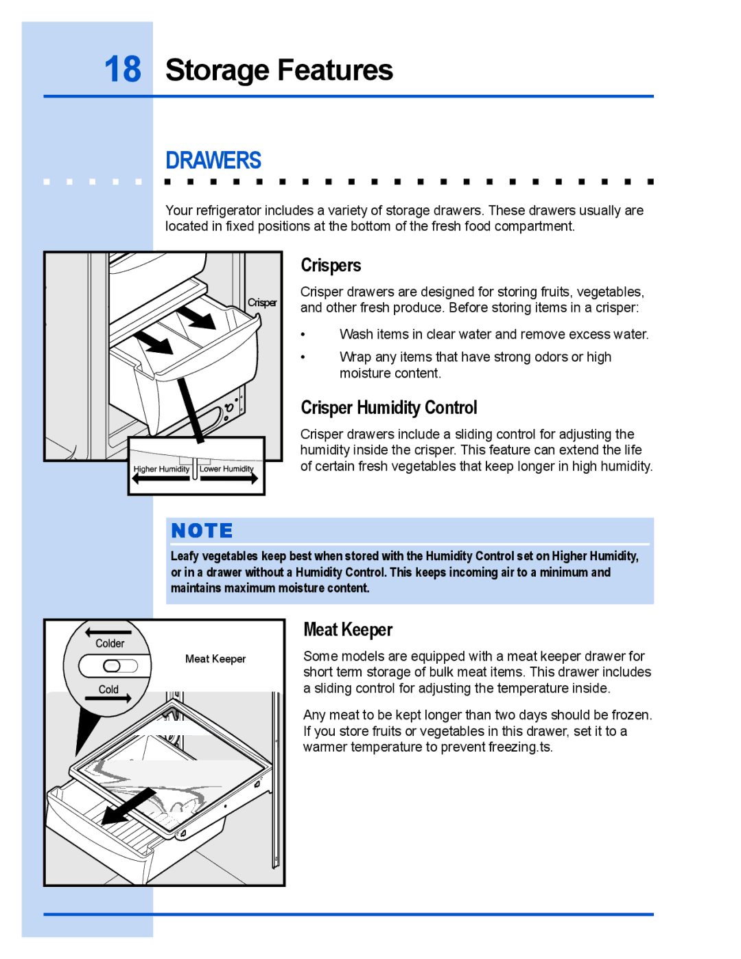 Electrolux E23CS78GPS manual Drawers, Crispers, Crisper Humidity Control, Meat Keeper 