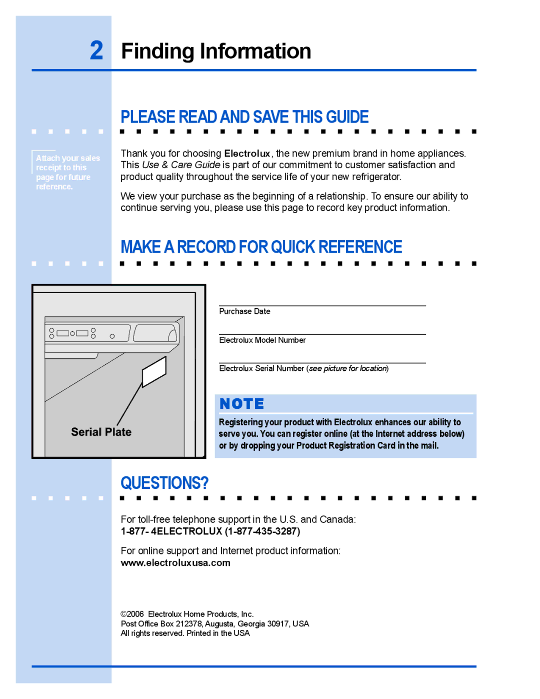 Electrolux E23CS78GPS manual Finding Information, Please Read and Save this Guide, Make a Record for Quick Reference 