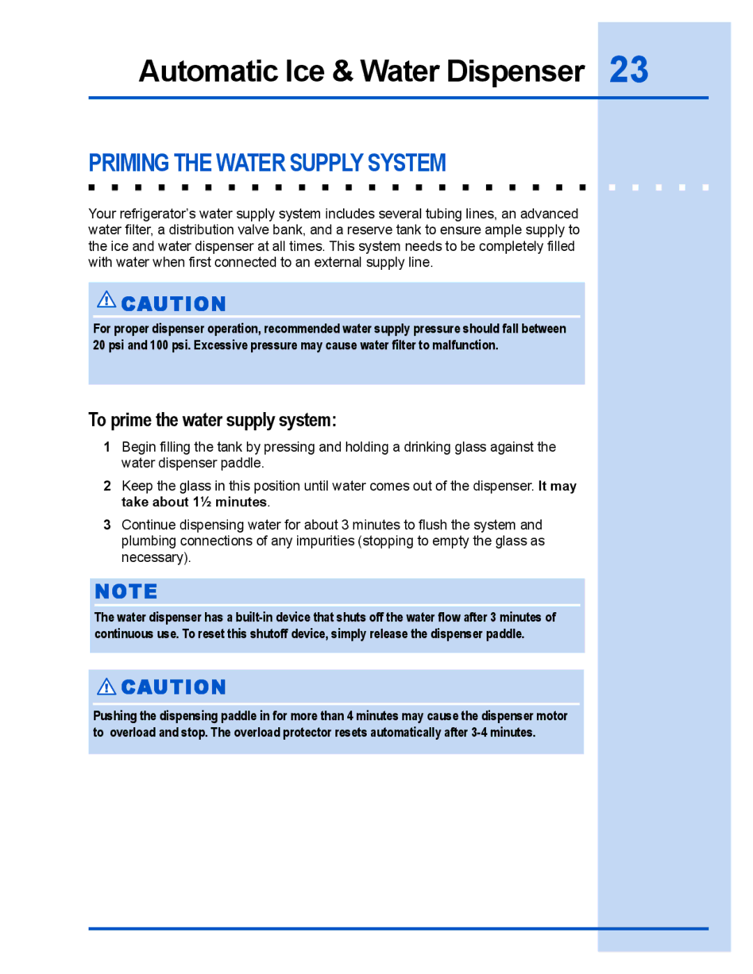 Electrolux E23CS78GPS manual Priming the Water Supply System, To prime the water supply system 