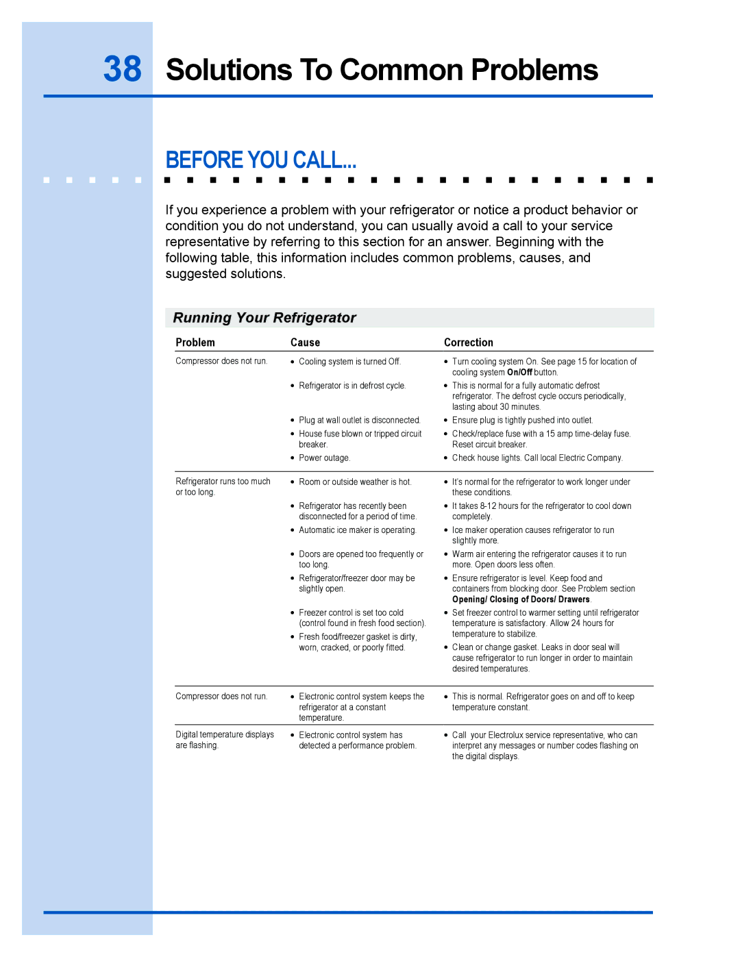 Electrolux E23CS78GPS manual Solutions To Common Problems, Before YOU Call 