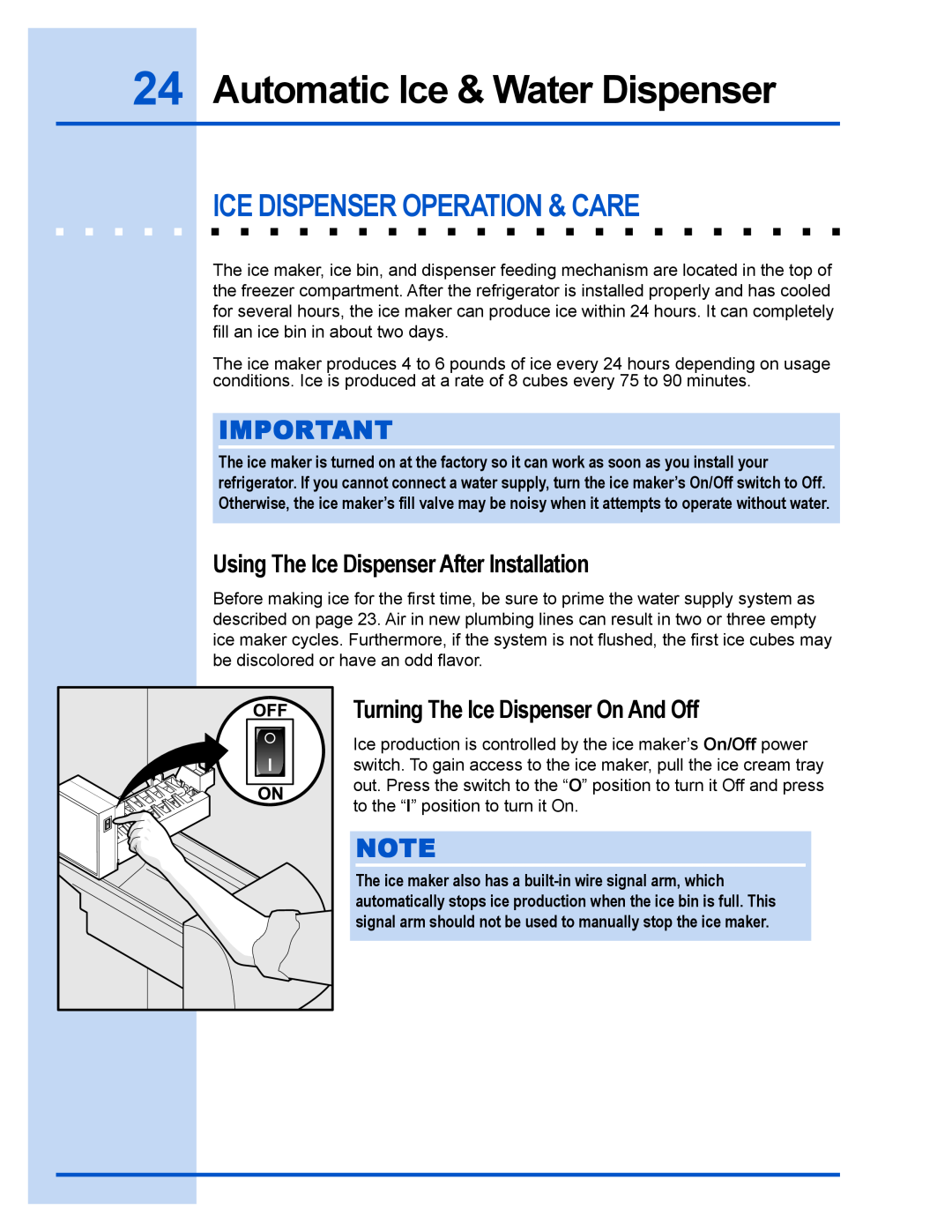 Electrolux E23CS78GPS manual Automatic Ice & Water Dispenser, Ice Dispenser Operation & Care 