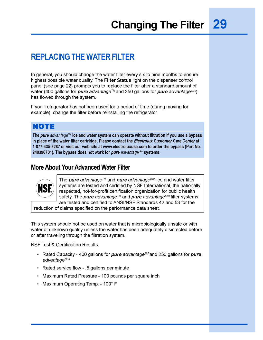 Electrolux E23CS78GPS manual Replacing The Water Filter, More About Your Advanced Water Filter, Changing The Filter 