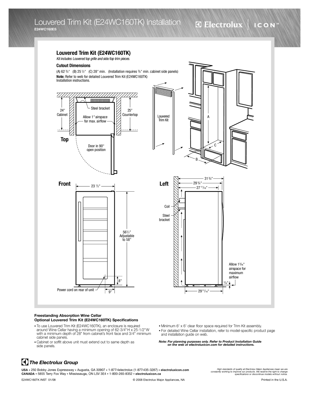 Electrolux E23CS78GSS specifications Louvered Trim Kit E24WC160TK Installation, Top, Front, Left 