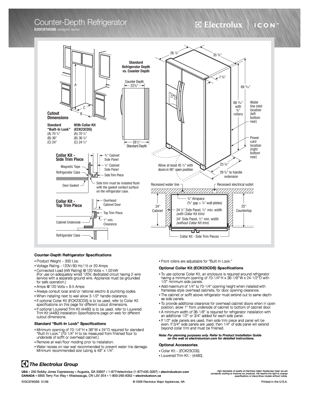 Electrolux E23CS78GSS Counter-Depth Refrigerator, Cutout, Dimensions, Collar Kit, Top Trim Piece, Standard, ECK23CDS 