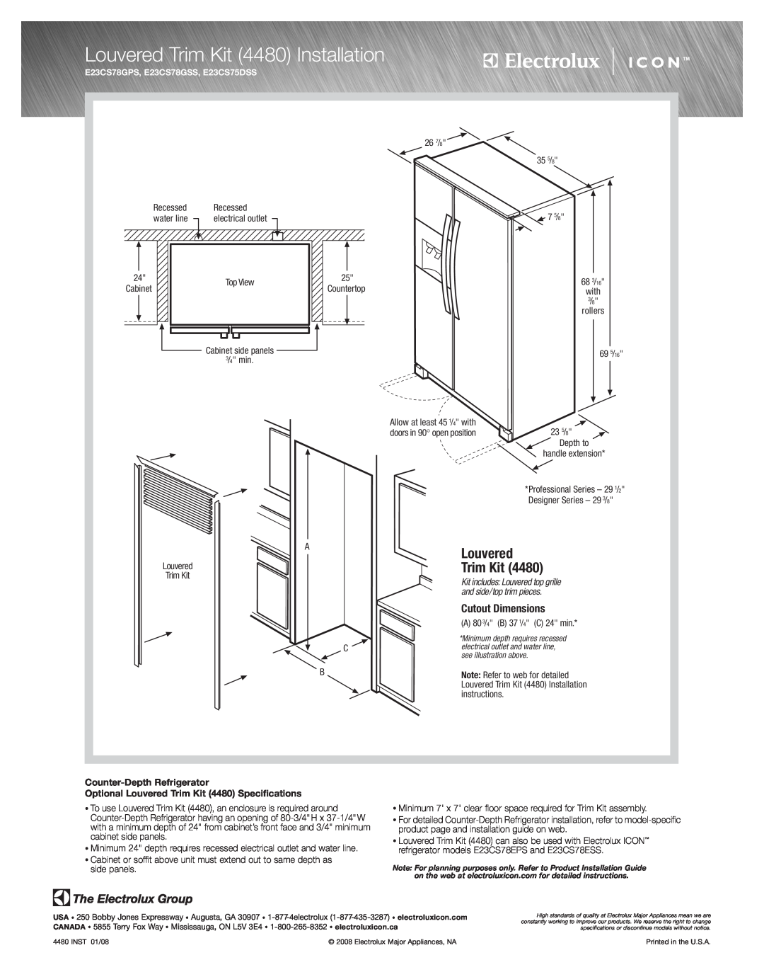 Electrolux E23CS78GSS specifications Louvered Trim Kit 4480 Installation, Cutout Dimensions, Counter-Depth Refrigerator 