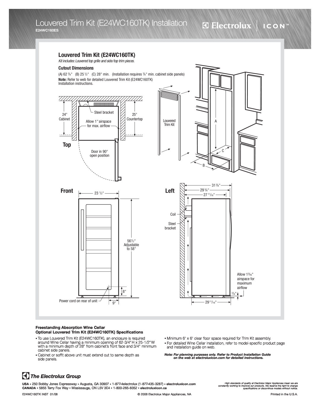 Electrolux E23CS78GSS Louvered Trim Kit E24WC160TK Installation, Front, Left, Freestanding Absorption Wine Cellar 