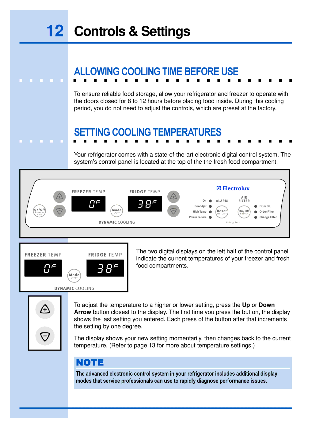 Electrolux E23CS78HPS manual Controls & Settings, Allowing Cooling Time Before USE, Setting Cooling Temperatures 