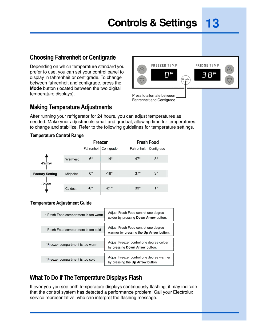 Electrolux E23CS78HPS manual Choosing Fahrenheit or Centigrade, Making Temperature Adjustments 