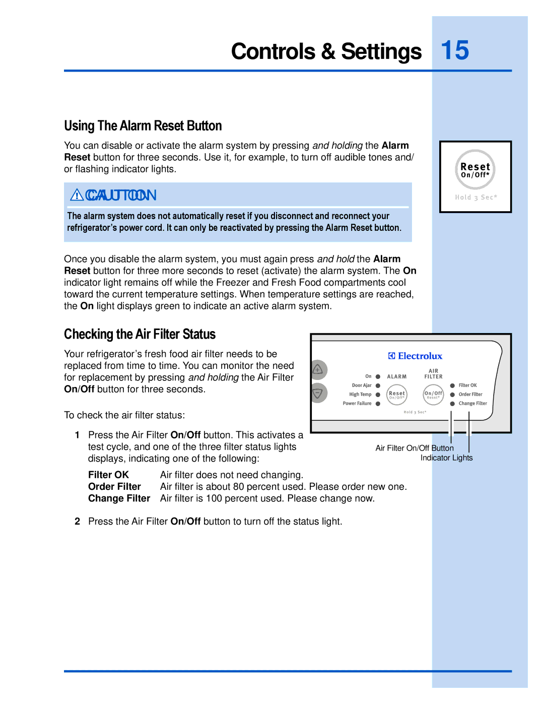 Electrolux E23CS78HPS manual Using The Alarm Reset Button, Checking the Air Filter Status 