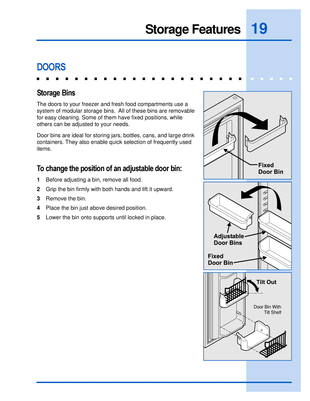 Electrolux E23CS78HPS manual Doors, Storage Bins, To change the position of an adjustable door bin 