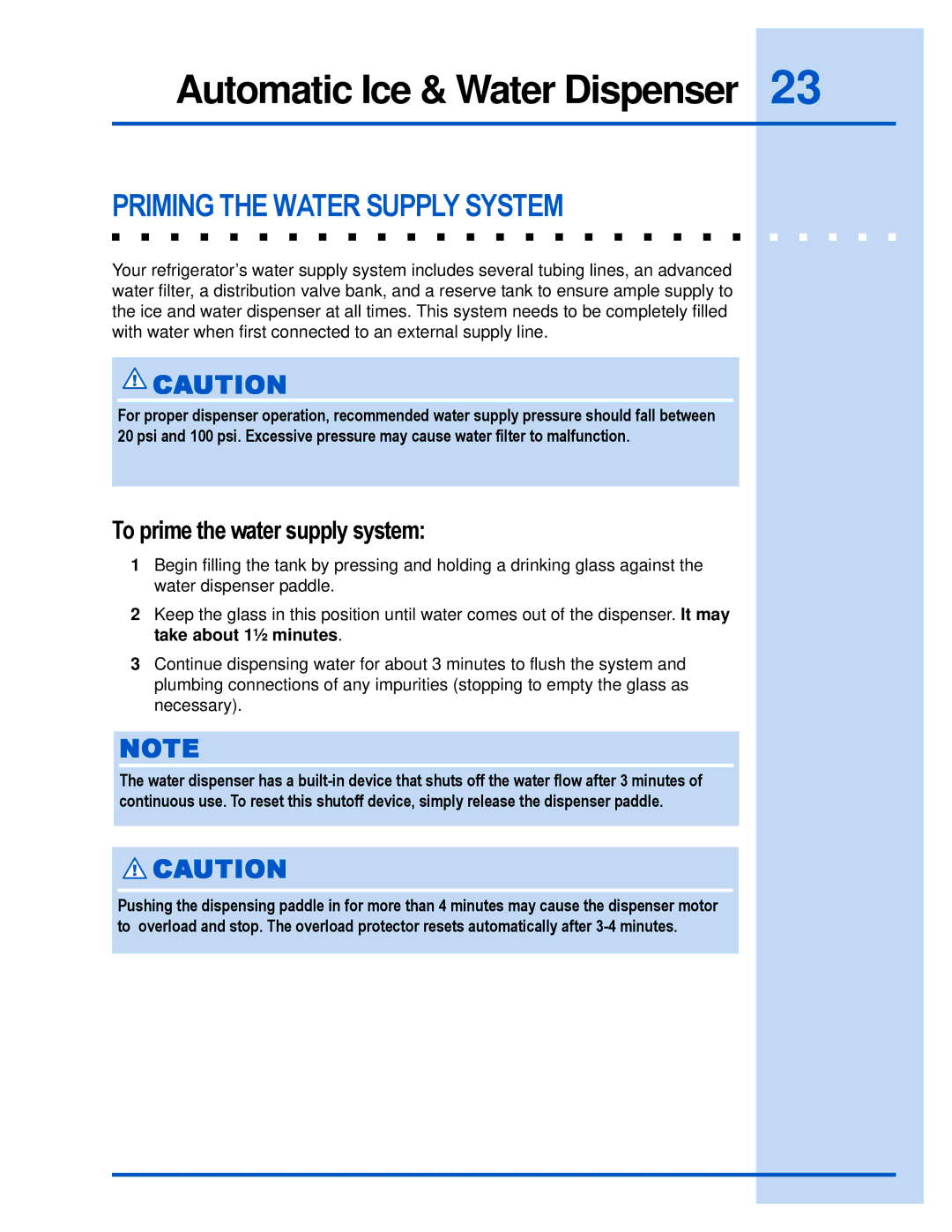 Electrolux E23CS78HPS manual Priming the Water Supply System, To prime the water supply system 