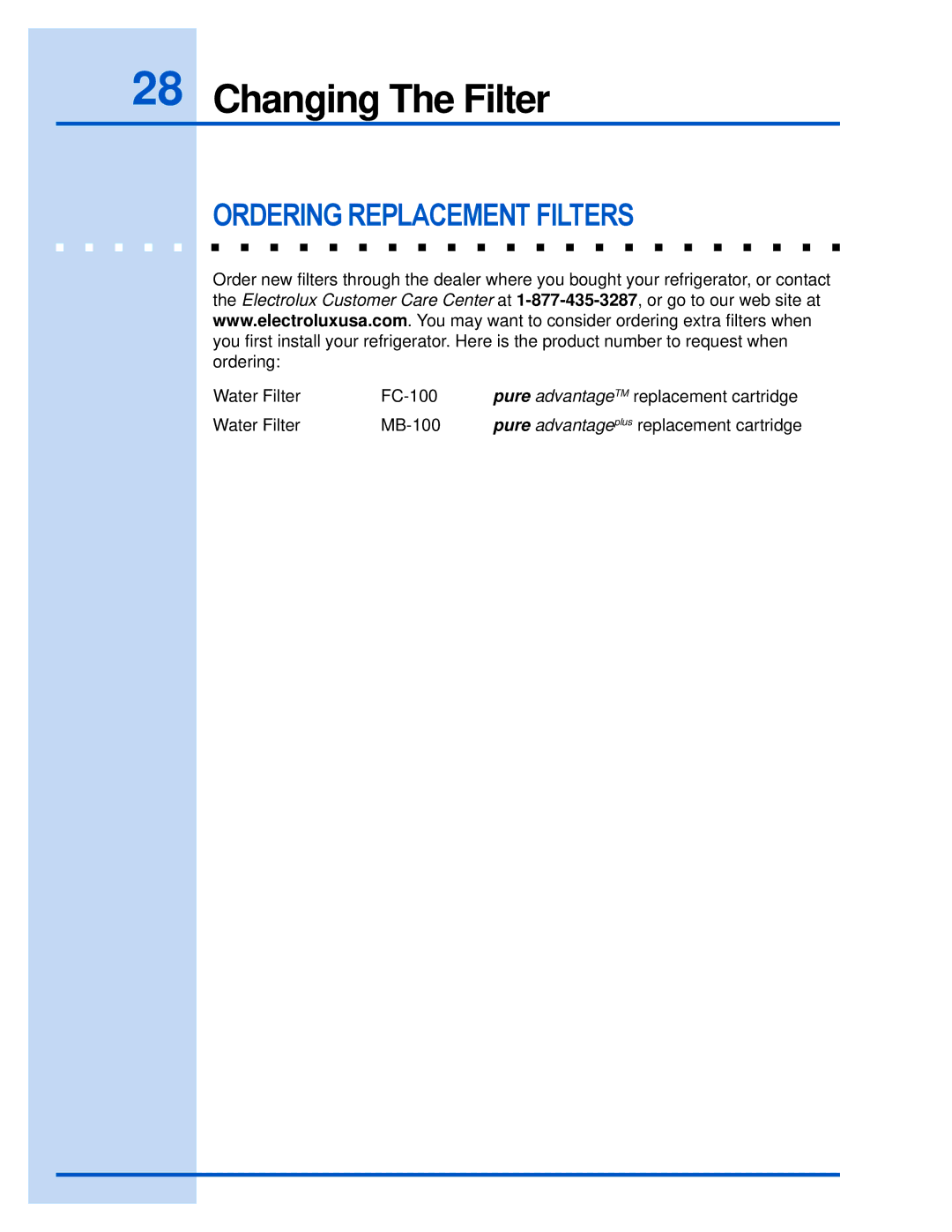 Electrolux E23CS78HPS manual Ordering Replacement Filters 