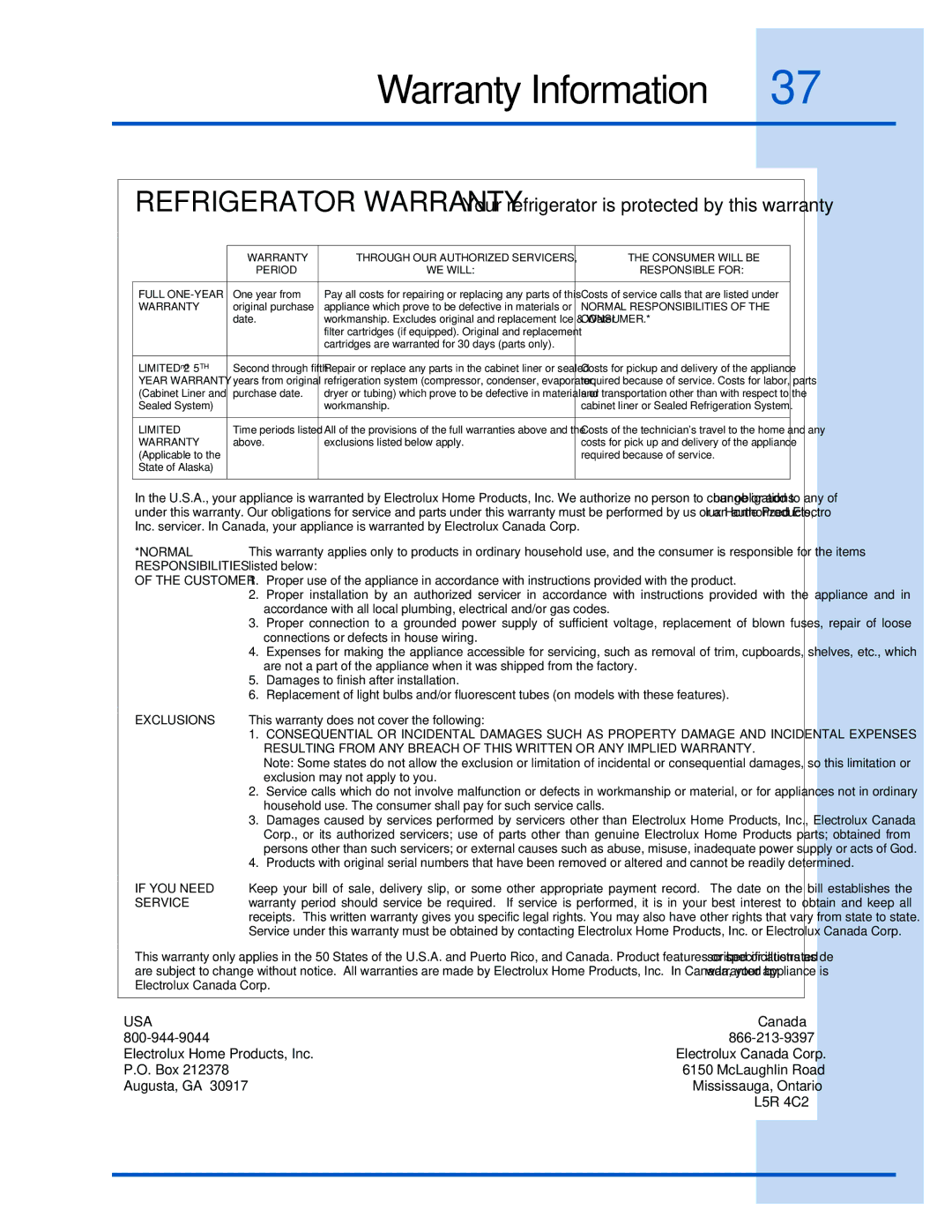 Electrolux E23CS78HPS manual Warranty Information, Consumer 