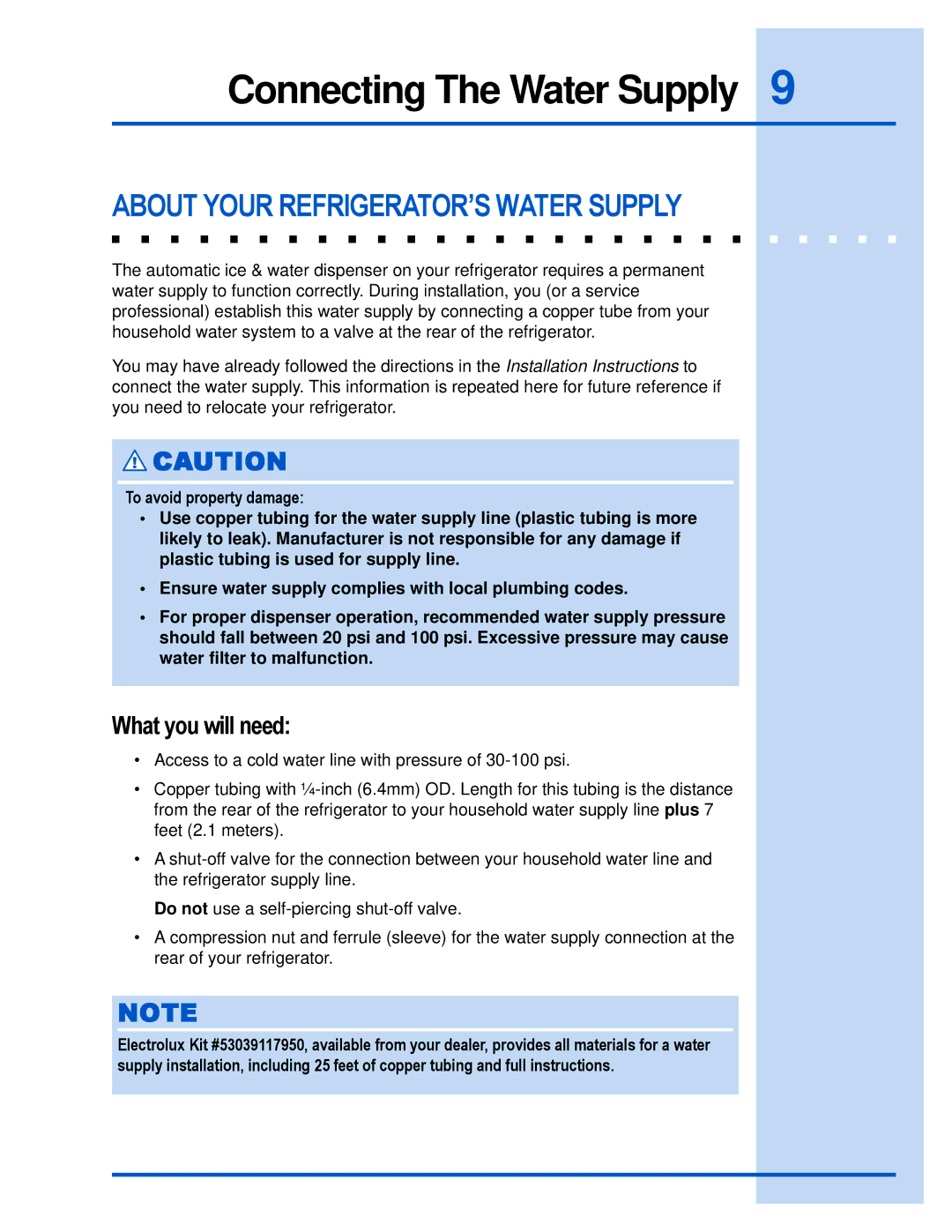 Electrolux E23CS78HPS manual Connecting The Water Supply, About Your REFRIGERATOR’S Water Supply, What you will need 