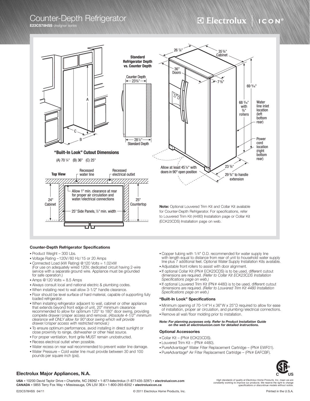 Electrolux E23CS78HSS specifications Counter-Depth Refrigerator 