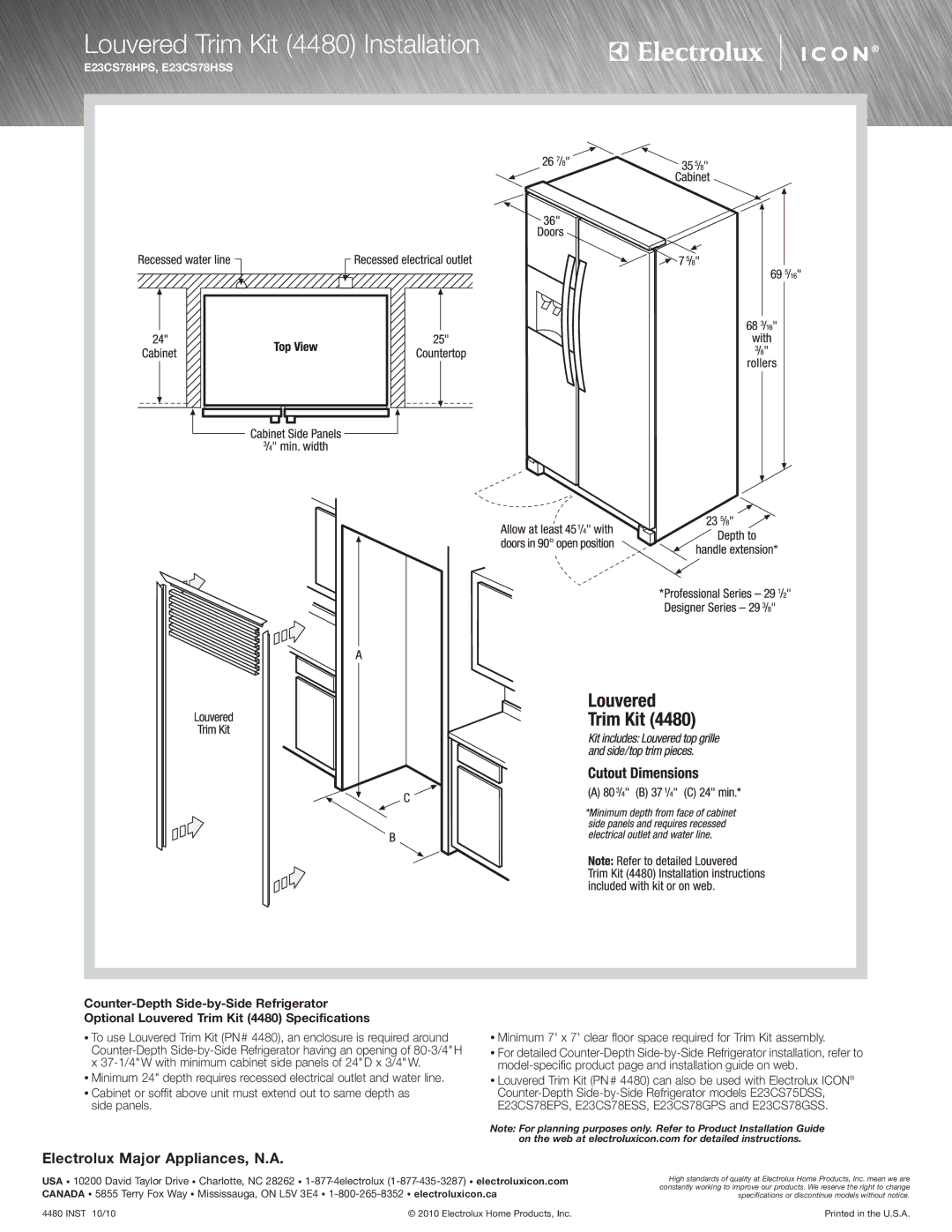 Electrolux specifications Louvered Trim Kit 4480 Installation, E23CS78HPS, E23CS78HSS 