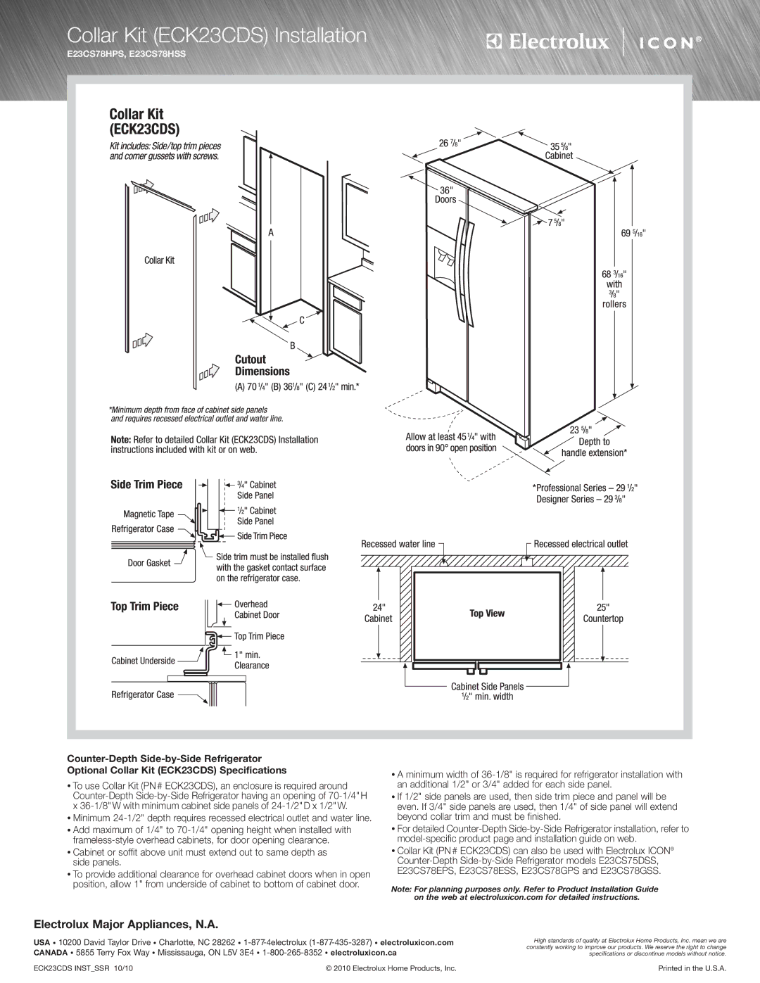 Electrolux E23CS78HSS specifications Collar Kit ECK23CDS Installation 