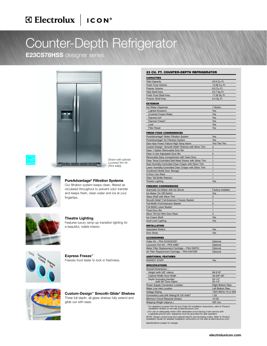 Electrolux E23CS78HSS specifications PureAdvantage Filtration Systems, Custom-Design Full-Depth, Glass Shelves 
