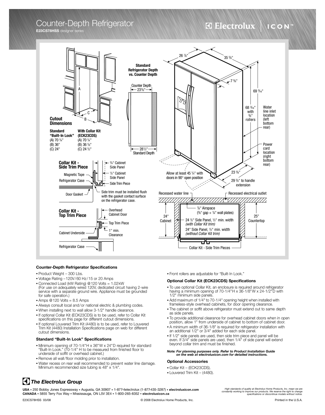 Electrolux E23CS78HSS Counter-Depth Refrigerator, Cutout, Dimensions, Collar Kit, Top Trim Piece, Standard, ECK23CDS 