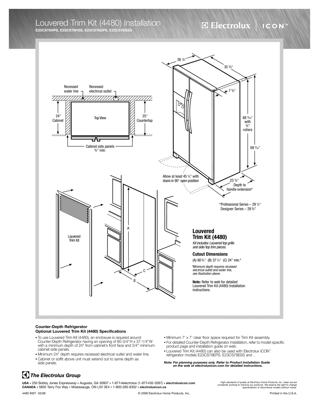 Electrolux E23CS78HSS specifications Louvered Trim Kit 4480 Installation, Cutout Dimensions, Counter-Depth Refrigerator 