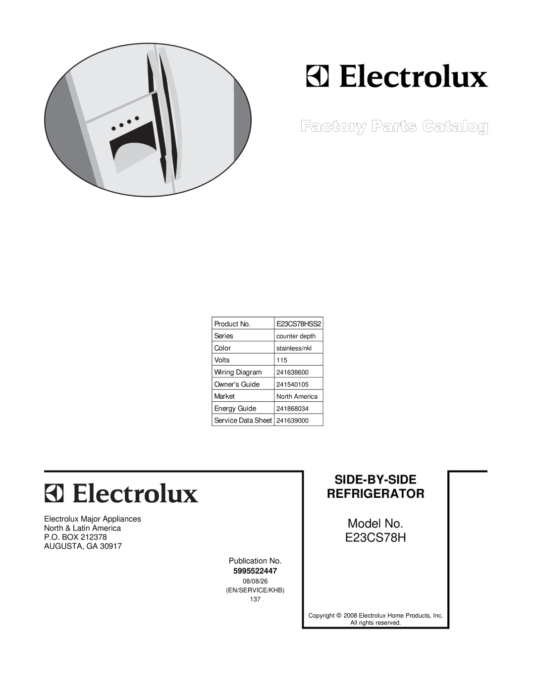 Electrolux E23CS78HSS2 manual SIDE-BY-SIDE Refrigerator 