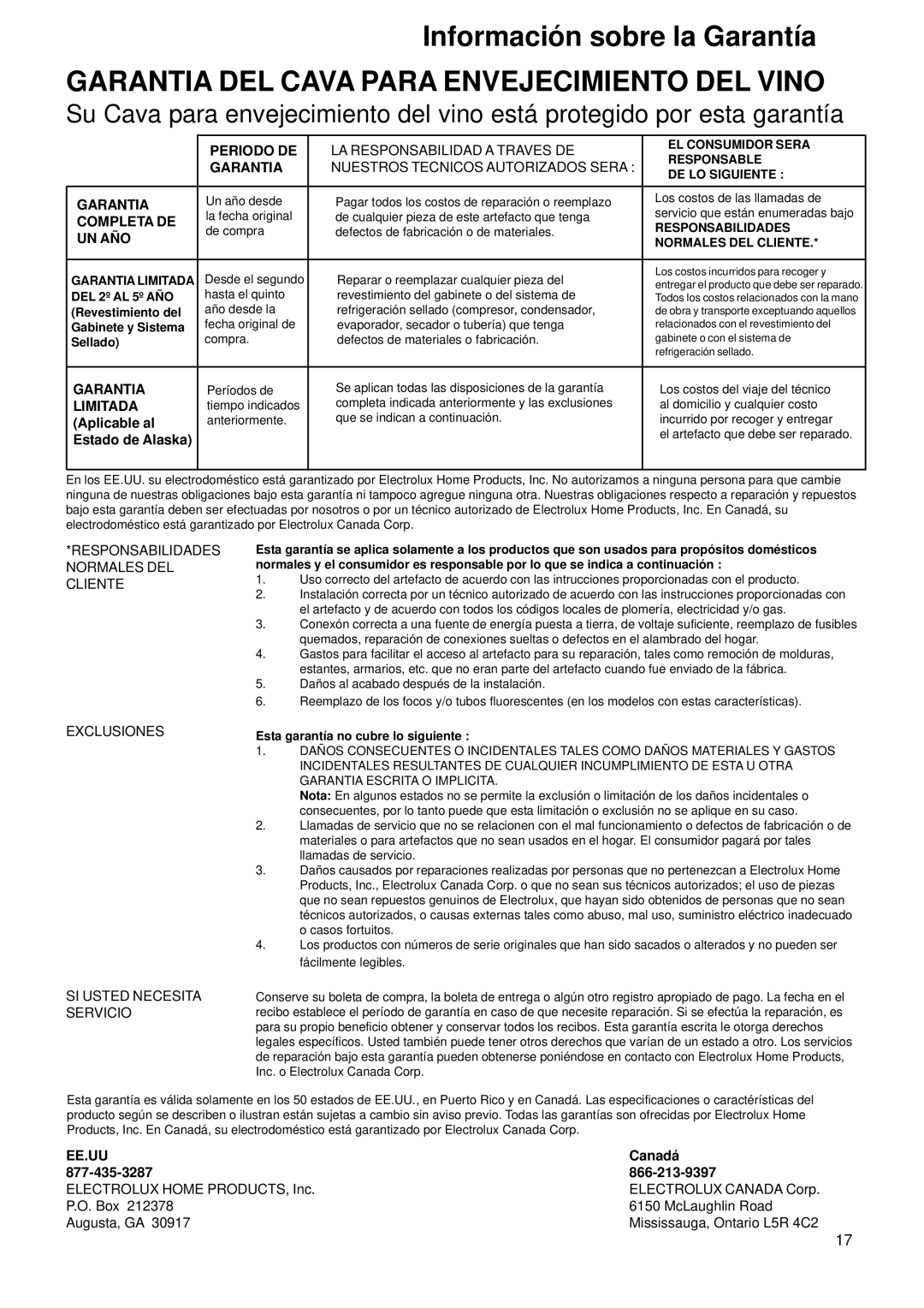 Electrolux E24 WC 160 ES1 manual Garantia DEL Cava Para Envejecimiento DEL Vino 