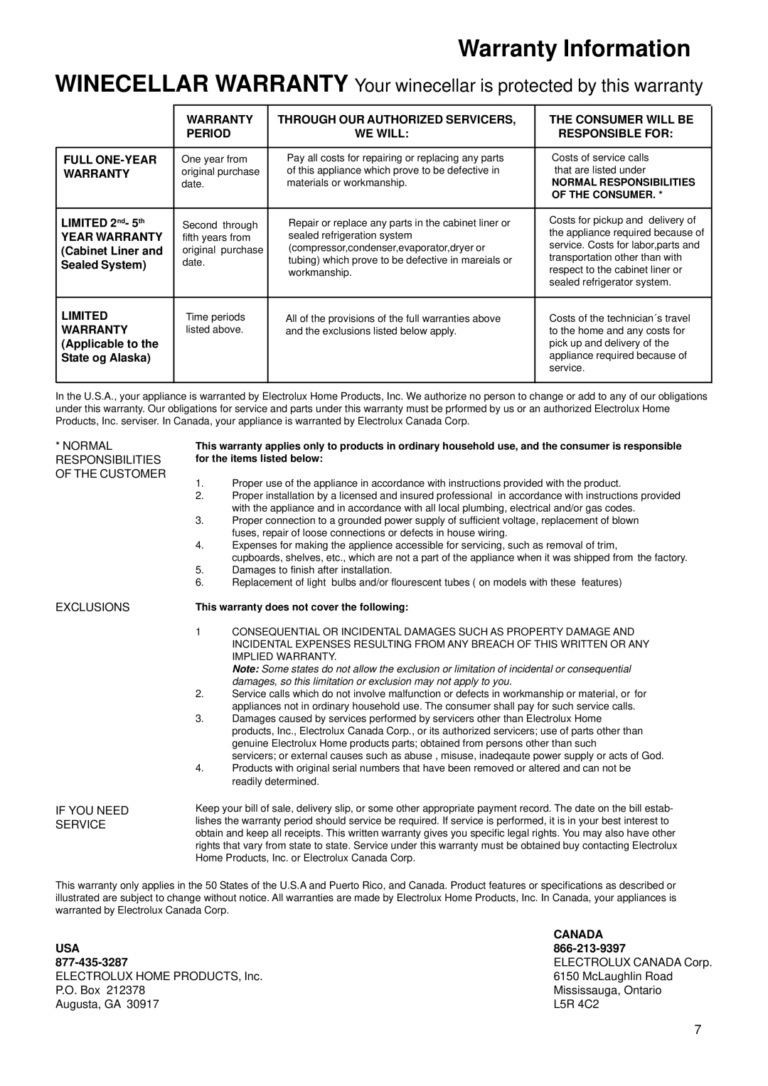 Electrolux E24 WC 160 ES1 manual Warranty Information 