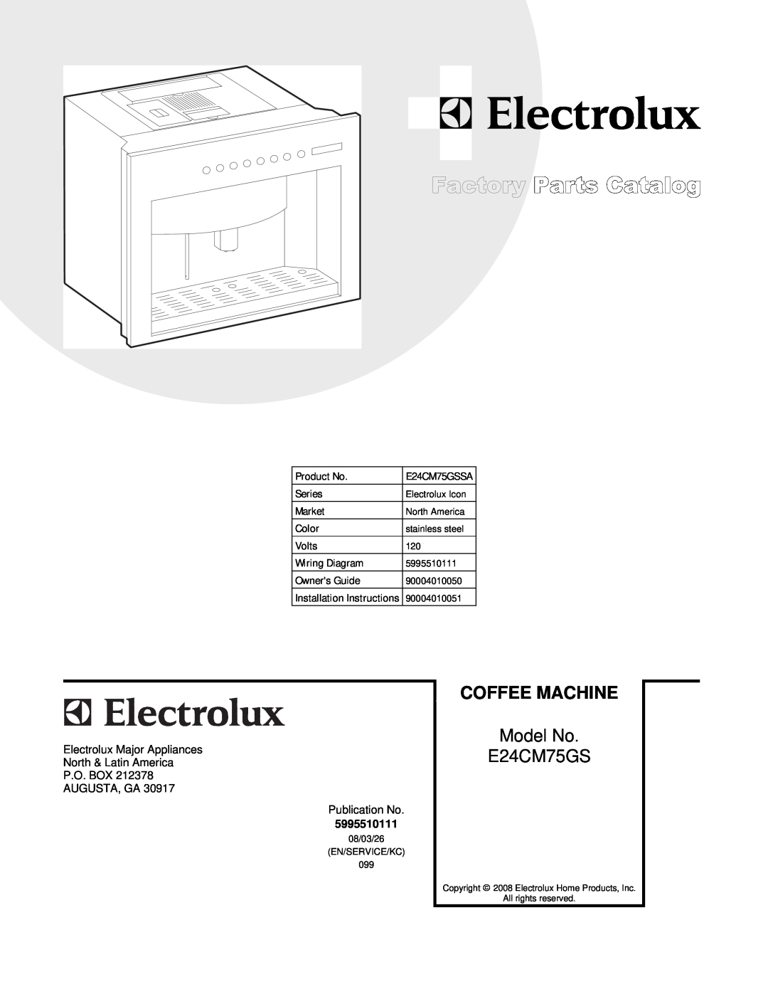 Electrolux installation instructions Coffee Machine, Model No, GE24CM75GSSA.eps, WE24CM75GSSA.eps, P.O. Box 