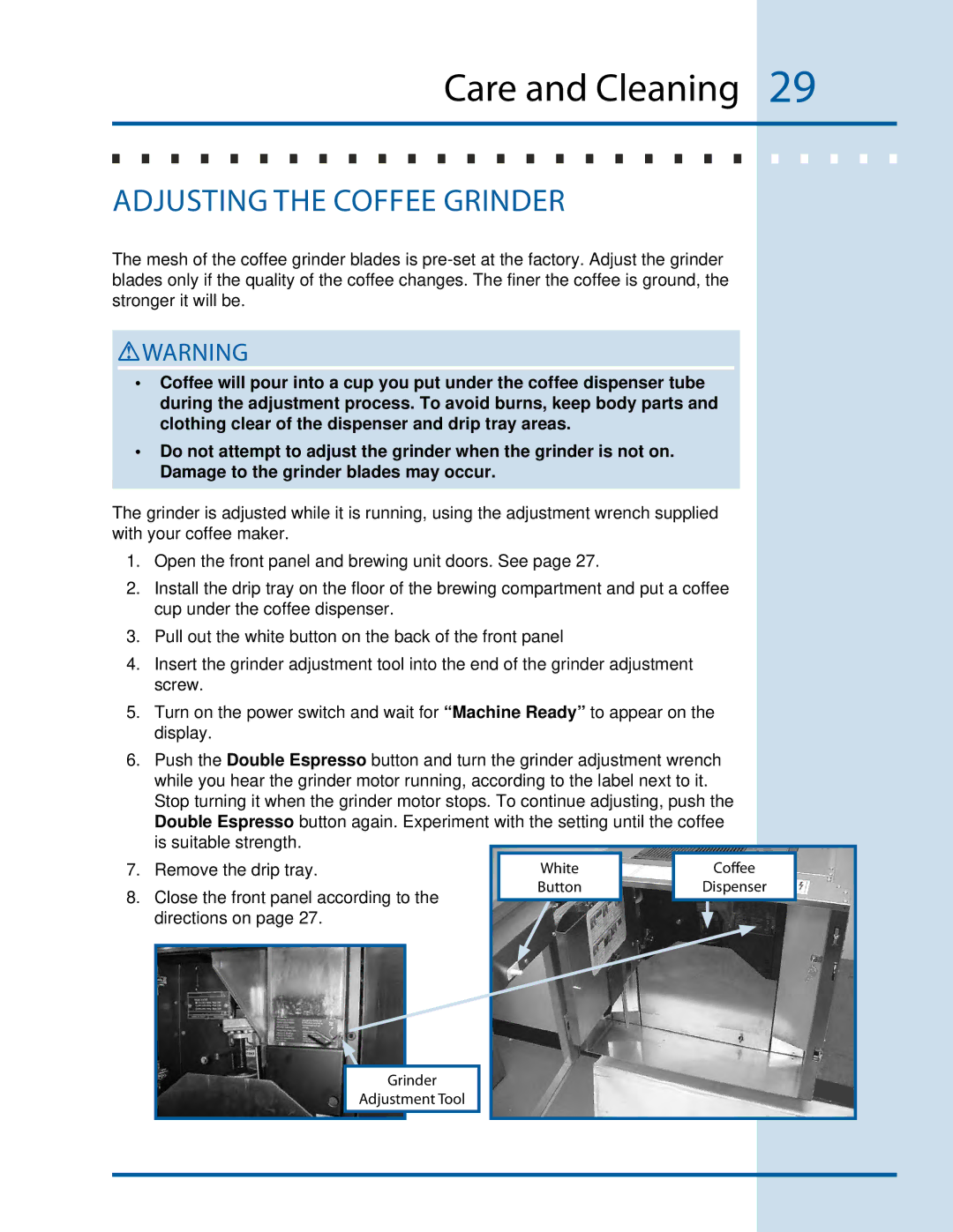 Electrolux E24CM75GSS manual Care and Cleaning, Adjusting The Coffee Grinder 