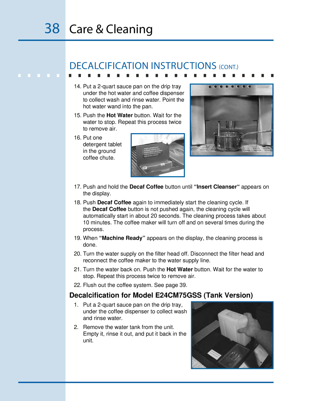 Electrolux manual Decalcification for Model E24CM75GSS Tank Version 