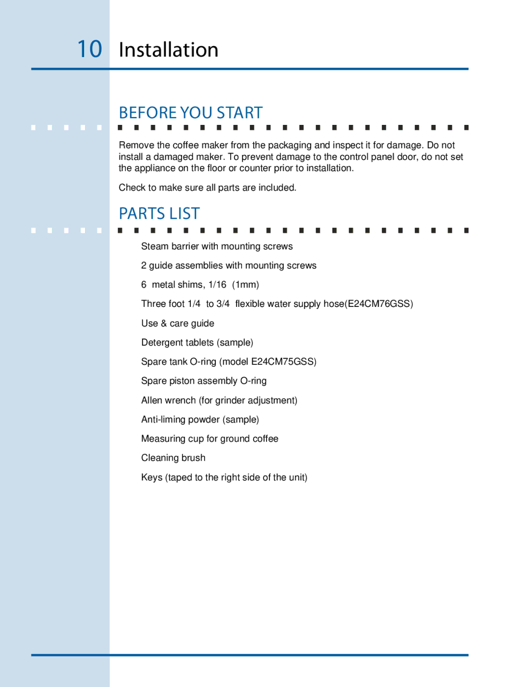 Electrolux E24CM76GSS installation instructions Installation, Before You Start, Parts List 