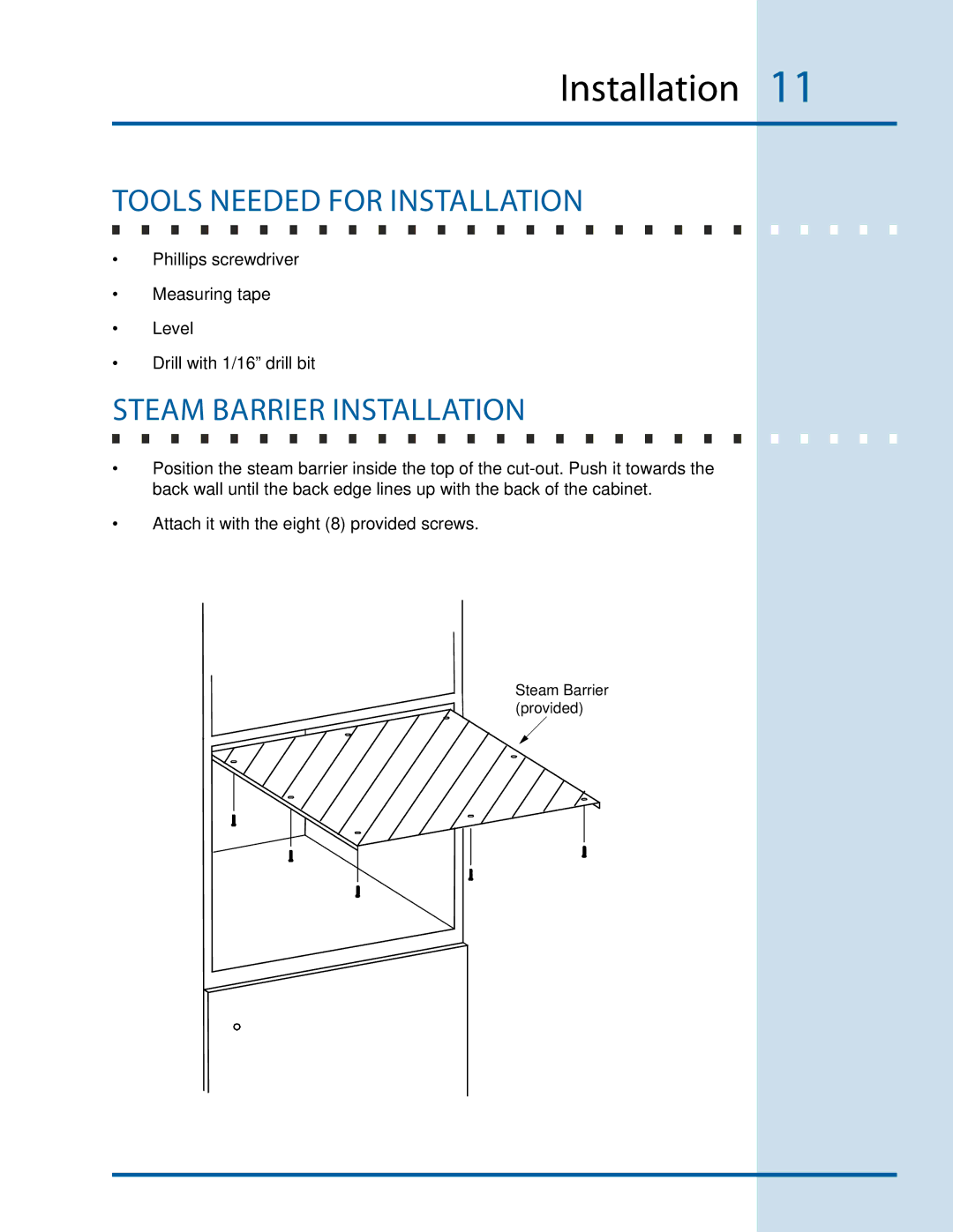 Electrolux E24CM76GSS installation instructions Tools Needed for Installation, Steam Barrier Installation 