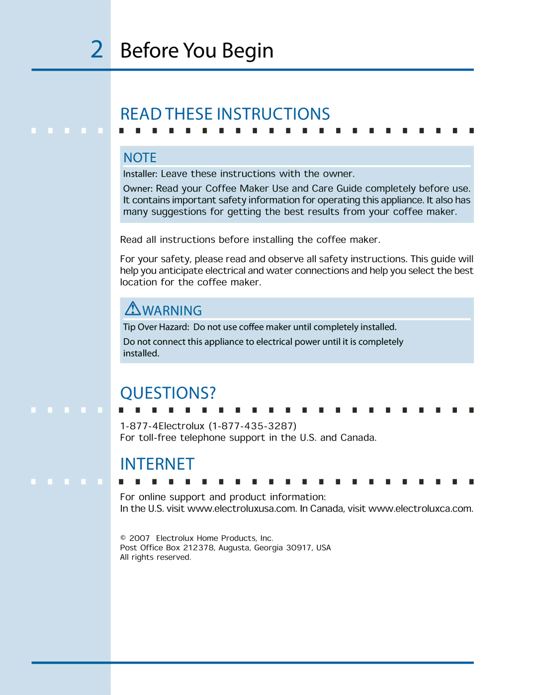 Electrolux E24CM76GSS installation instructions Before You Begin, Questions?, Internet 