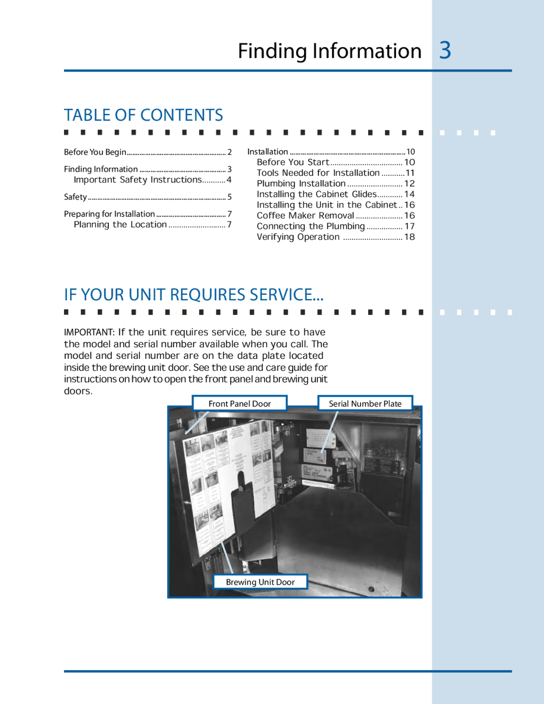 Electrolux E24CM76GSS installation instructions Finding Information , Table of Contents, If Your Unit Requires Service 