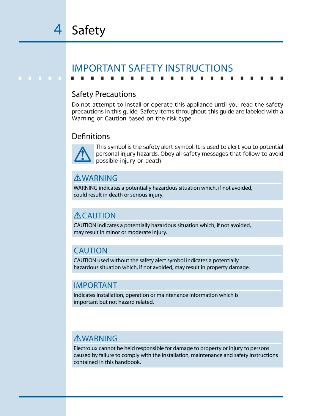 Electrolux E24CM76GSS installation instructions Important Safety Instructions, Safety Precautions, Definitions 