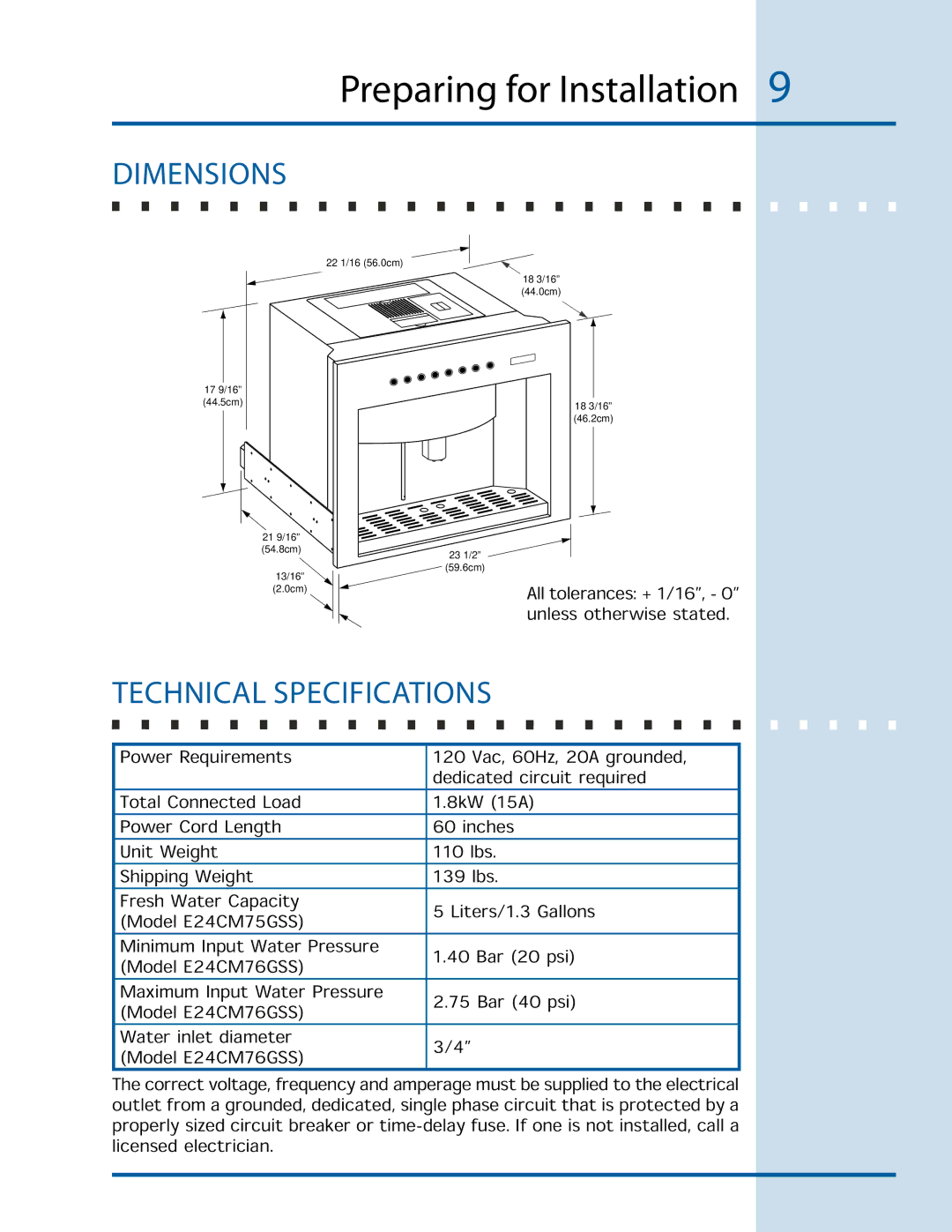 Electrolux E24CM76GSS installation instructions Preparing for Installation , Dimensions, Technical Specifications 