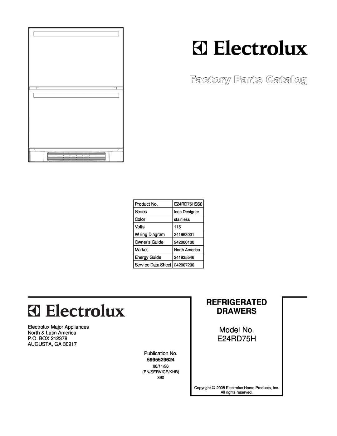 Electrolux E24RD75HSS0 manual Refrigerated Drawers, Model No E24RD75H 