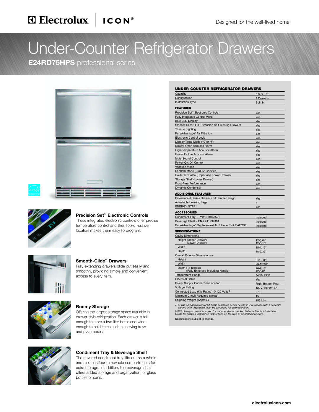 Electrolux E24RD75HPS specifications Precision Set Electronic Controls, Smooth-GlideDrawers, Roomy Storage 